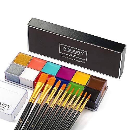 CCbeauty 12 Colors Professional Face Body Paint Makeup Palette Oil Based Creamy Non Toxic Face Painting Kit for Halloween Costume Fancy SFX Cosplay Makeup with 10 Blue Artist Brushes,Light