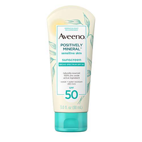 Aveeno Positively Mineral Sensitive Skin Daily Sunscreen Lotion with SPF 50 Sheer Sunscreen for Face & Body, TSA-Friendly Travel-Size 3 oz (Pack of 2)