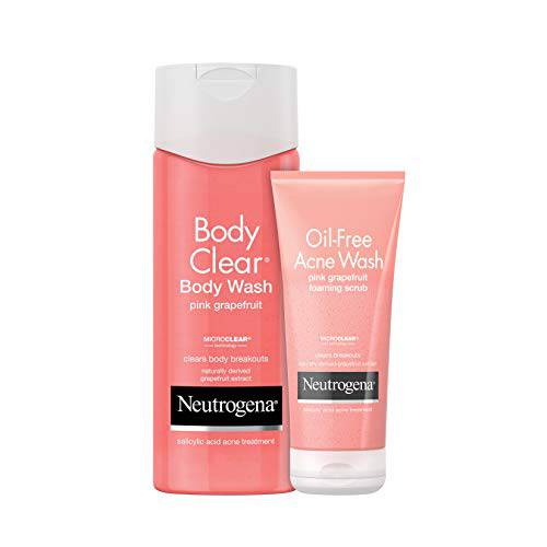 Neutrogena Oil Free Pink Grapefruit Acne Face Wash, 6.7 fl. oz (Pack of 3) with Neutrogena Body Clear Acne Treatment Body Wash, 3 x 8.5 fl. Oz