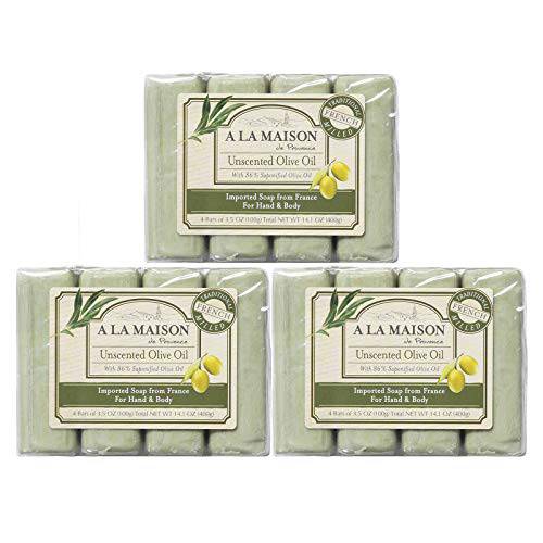 A LA MAISON Unscented Olive Oil Bar Soap - Triple French Milled Natural Moisturizing Hand Soap Bar (12 Bars of Soap, 3.5 oz)