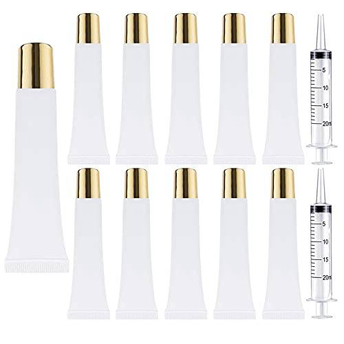50PCS Lip Gloss Tubes 15ml Gold Cap Lip Gloss Containers Empty Lip Balm Tubes Refillable Cosmetic Squeeze Lipgloss Tubes + 2 x 20ml Syringes Tag Labels Stickers for DIY Lip Gloss Base Glitter