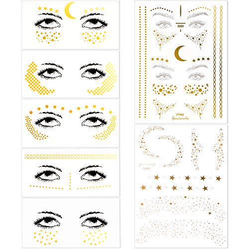 7 Sheets Face Metallic Tattoo Stickers Gold Face Temporary Tattoos Freckle Sticker for Women Girls Halloween Make Up Cosplay (15 Styles)
