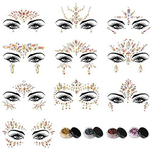 LINGSFIRE 10 Sets Face Jewels for Makeup, Mermaid Rhinestone Face Glitter with 4 Boxes Body Face Glitter Noctilucent Face Gems Jewels for Women Makeup Festival Carnival Party Face Stickers Decorations