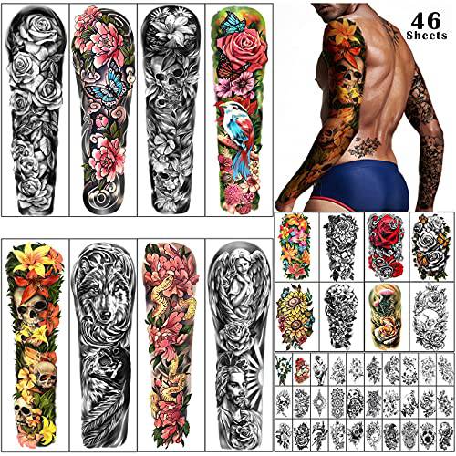 SOOVSY 46 Sheets Full Arm Temporary Tattoo with Skull, Temporary Tattoo Sleeves for Men, Sleeve Tattoos Temporary Realistic Full Sleeve Temporary Tattoos Semi Permanent Tattoo for Women Fake Tattoos That Look Real