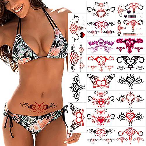 Sexy Navel Temporary Tattoos 20 Sheets Large Black Red Lace Abdomen Waist Waterproof Tattoo Stickers for Women Girl Fake Body Tattoos