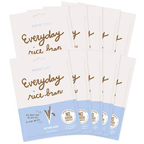 FACETORY Everyday Rice Bran Soothing Sheet Mask With No Harsh Chemicals - Soft, Form-Fitting Sheet Mask, For All Skin Types - Hydrating, Rejuvenating, and Clarifying Face Mask (Pack of 10)