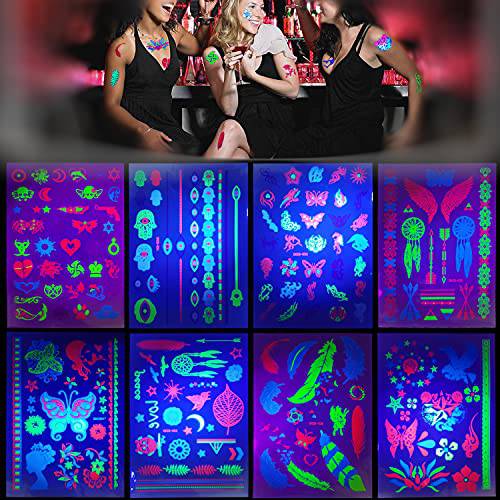 8 Large Sheets Neon Temporary Tattoos 100+ Glow UV Jewellery Body Shimmer Tattoo Black Lights Fake Skin Party Accessories Tattoo Stickers for Women Girls Body Face Art