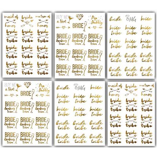 Bachelorettesy Bride to Be Gold Metallic Temporary Tattoos 100+ Designs Diamond Ring, Bubbly, Bride Tribe for Engagement & Bachelorette Party Waterproof Nontoxic Lasting
