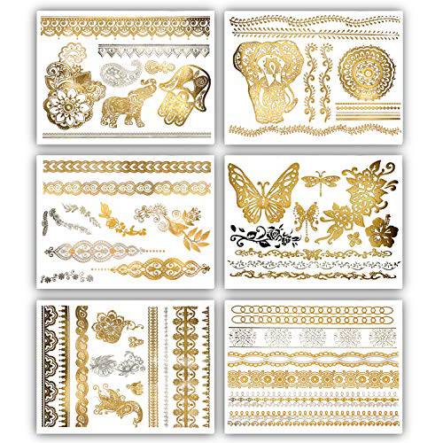Terra Tattoos Gold Silver Metallic Temporary Tats 75+ Boho Henna Designs Mandalas, Flowers, Butterflies Waterproof Nontoxic Lasting Perfect for Beach, Festivals, & more
