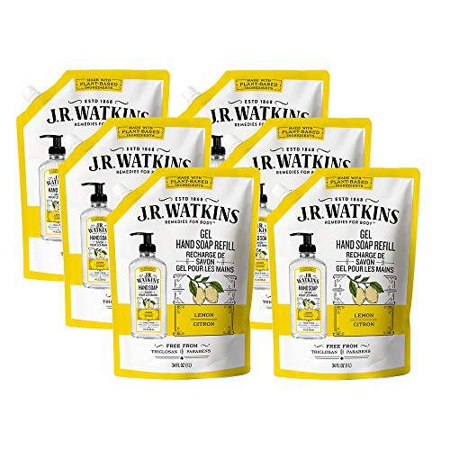 J.R. Watkins Gel Hand Soap Refill Pouch, Scented Liquid Hand Wash for Bathroom or Kitchen, USA Made and Cruelty Free, 34 fl oz, Lemon, 6 Pack