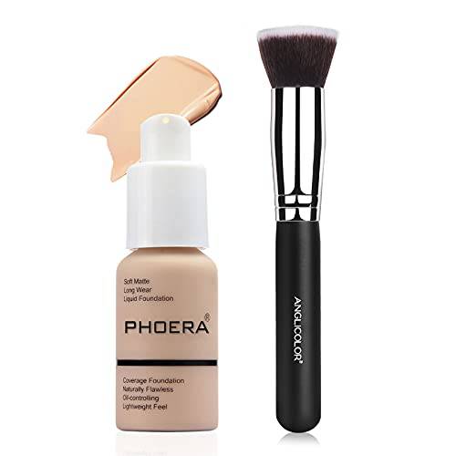 Phoera Foundation Brush Set, Anglicolor Flawless Full Coverage Foundation 30ml Matte Oil-Control Long Lasting Waterproof Liquid Foundation With Makeup Brush for Women Girls for christmas gifts(102 Nude)