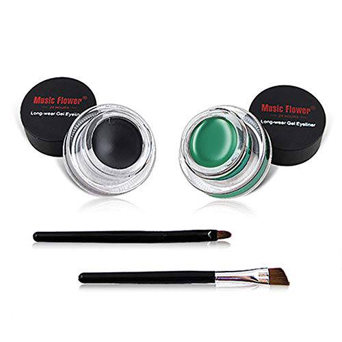 Music Flower Gel Eyeliner with 2 Brushes Set, Waterproof Long Lasting Gel Liner, Easy to Eye Makeup and Remove, Pack of 2 , Black & Green