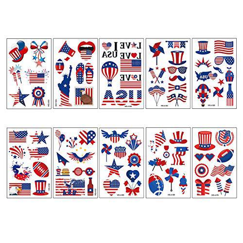 10 Sheets Independence Day Temporary Tattoo Stickers July 4th Body Art Tattoo Stickers for Men Women the USA National Strips and Stars Flags Celebration Water Transfer Fake Tattoos for Face Arm Cheek Back Shoulder