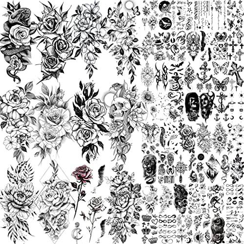 Shegazzi 63 Sheets 3D Flower Temporary Tattoos For Women Girl, 12 Sheets Realistic Sexy Rose Peony Floral Fake Tattoo Sticker Adult, 52 Sheets Small Black Snake Letter Anchor Infinity Tatoos Neck Arm