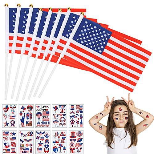 SUNKIM 60Pcs Small American Flags on Stick Mini American US Flags American Hand Held Stick Flags with 10 Pack Tattoo Party Decoration Supplies VeteransDay World Cup 4th of July (8.26x5.5 inch)