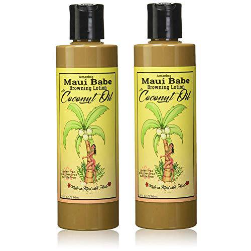 Maui Babe Browning Lotion with Coconut Oil 8oz Pack Of 2 Includes 2 Bottle Browning Lotion and Tote Bag Tanning Lotion Infused With Coconut Oil Gluten Free, Paraben Free & Sulfate Free
