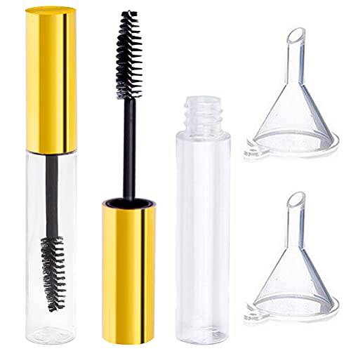 2Pcs 10ml Empty Mascara Tube with Eyelash Wand,Golden Eyelash Cream Container Bottle with Funnels Transfer Pipettes for Applying Castor Oil and DIY Cosmetics