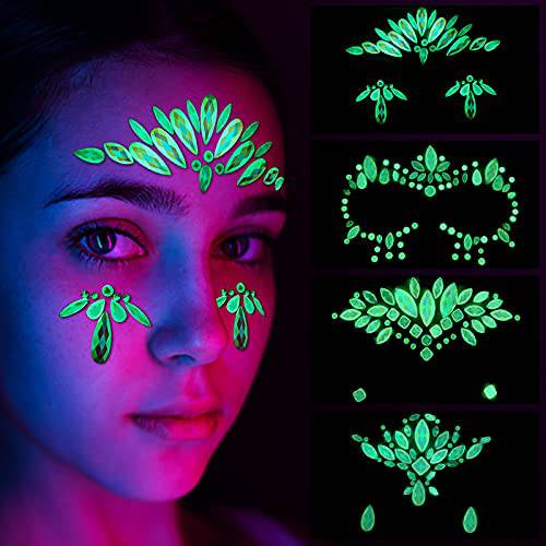 BeaTe 4 Sets Luminous Face Jewels Glow in the Dark Tattoo Face Gems Halloween DIY Noctilucent Body Stickers Crystals Bling Rhinestone Sticker Tears Gem Stones Makeup Night Music Club, Black, M