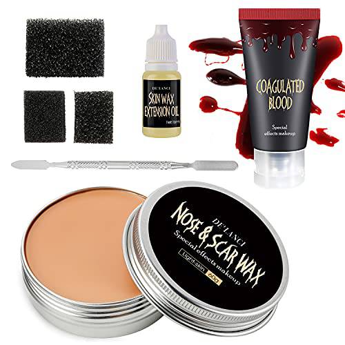 DE’LANCI Pro SFX Makeup Scars Wax kit,Halloween Special Effects Stage Fake Wound Moulding Skin Wax (60g/2.12 Oz) with Spatula + Black Stipple Sponge + Fake Blood(30g/1.06 oz) + 10ml Skin Extension Oil