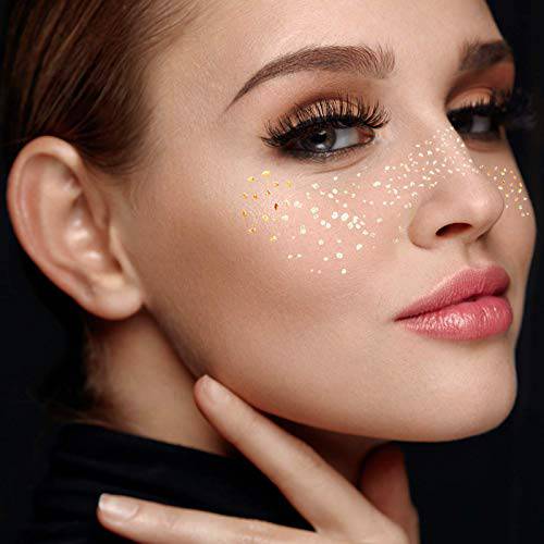 3Sheets Face Tattoo Sticker Metallic Shiny Temporary Water Transfer Tattoo for Professional Make Up Dancer Costume Parties, Shows Gold Glitter (3 Sheets-001)
