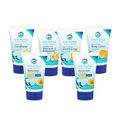 6 Pack Natural Travel Sized Toiletries, 1oz Sample Size Shampoo, Conditioner, Lotion, Mineral Sunscreen SPF 20 and SPF 30 and After Sun Gel by Stream2Sea