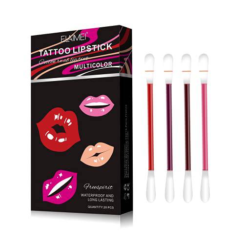 sefudun 20PCS Tattoo Lipstick Cotton Swab, Tattoo Lipstick Long Lasting Waterproof, Portable Non-Stick Liquid Lipstick, 4Colors Disposable Waterproof Lip Tint. (MULTICOLOR)