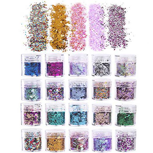 Skyvan 20 Boxes Holographic Cosmetic Festival Chunky Glitters Sequins, Colorful Mixed Nail Sequins Iridescent Flakes Glitter, Body Face Hair Makeup Decoration