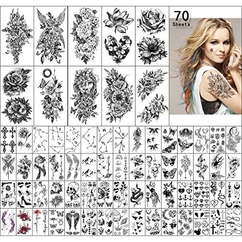 SOOVSY 70 Sheets Flower Temporary Tattoos for Women, Includes 10 Half Arm Tattoos Temporary That Look Real and Last Long, Fake Tattoo Stickers Semi Permanent Tattoo for Men and Girl