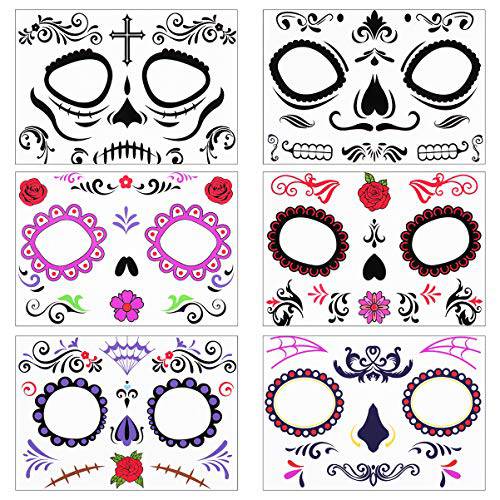 Toyvian Halloween Face Tattoos Sugar Skull Stickers Day of The Dead Makeup for Halloween Mexican Fiesta Theme Masquerade(6Pack)