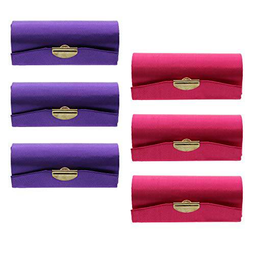 Solid Satin Ladies Lipstick Case With Mirror Purse Holder Set of 6 (Purple/Hot Pink)
