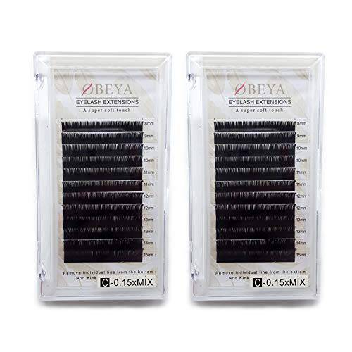 2 Trays C Curl Eyelash Extensions .15 Thickness 8-15mm Mixed Tray Individual Natural Faux Mink Eye Lashes Soft Lash Extensions Salon Perfect Use by OBEYA