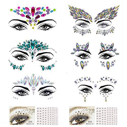 Rhinestone Face Jewels Face Gems Glitter 6 different styles Face Tattoo Sticker and 2 pcs Eye Jewels Set For Women Party Festival Accessory