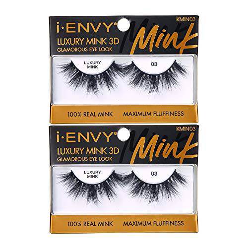 i-ENVY Luxury Mink Collection False Eyelashes 100% Real Mink Glamorous Eye Look Lashes Maximum Fluffiness 3D Multi-Curl Angle (2 Pack)