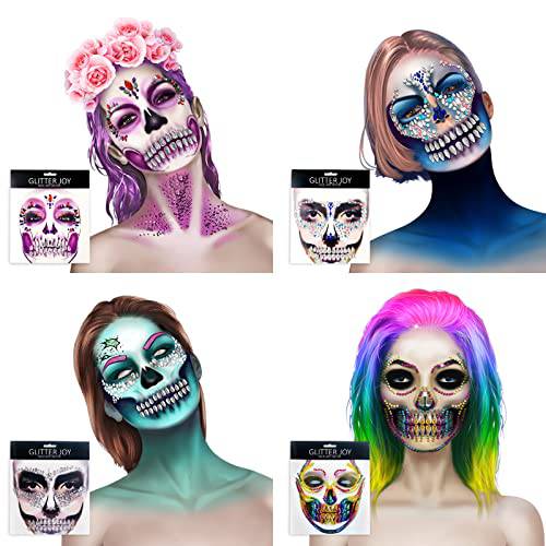 4 Pack Halloween Face Tattoos, Day of the Dead Sugar Skull Face Jewels Stickers,Rhinestone Ghost Face Gems Tattoo Stickers for Festival Halloween Rave Carnival Party