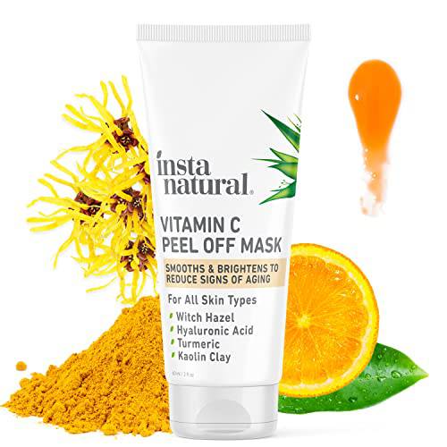 InstaNatural Vitamin C Peel Off Mask, Vitamin C Mask With Kaolin Clay, Hyaluronic Acid, Witch Hazel, Turmeric and Caffeine, Brightening and Exfoliating Face Mask