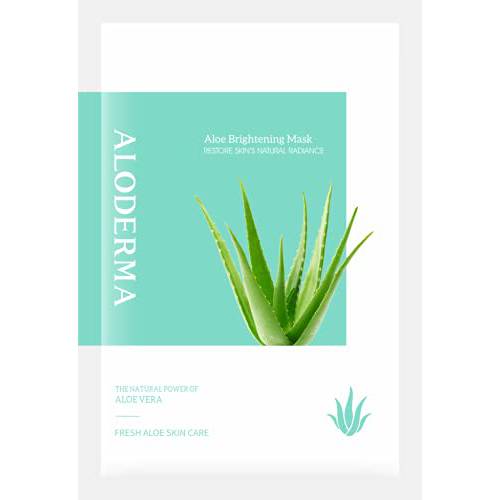 Aloderma Brightening Facial Sheet Masks - Set of 5, Made with 88% Organic Aloe Vera within 12 Hour of Harvest to Help Even Skin Tone and Diminish the Appearance of Fine Lines & Wrinkles
