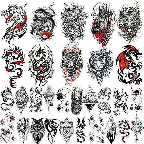 30 Sheets Large Dragon Wolf Temporary Tattoos, Arm Hands Face Tattoo Sticker for Men Women,Spider, scorpion, Dragon Designs long lasting