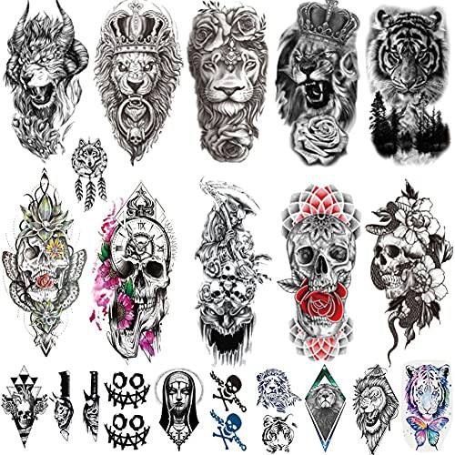 RONGRUO 20 Sheets Fake Lion Tattoos Half Forearm Sleeves Temporary Tattoo Waterproof Long Lasting Tattoo Stickers Realistic Lion Tiger Flower Skull Halloween Fake Temporary Tattoos for Women and Men