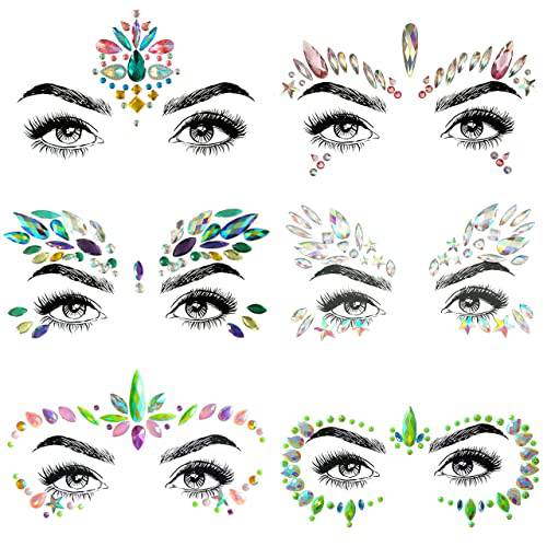 SHINEYES 6 Pcs Festival Face Gems Glitter,Rhinestone Rave Face Jewels Festival,Crystals Face Stickers, Eyes Face Body Temporary Tattoos