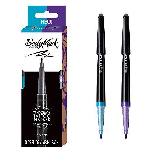 BIC BodyMark Temporary Tattoo Marker with Brush Tip, New School, Light Blue and Purple, Pack of 2 Markers