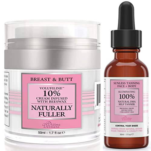 Natural Breast Cream For Bust and Butt, Naturally Fuller, Firming, Lifting and Plumping PLUS Self Tanner Drops - Custom Made Sunless Tanner, Vegan Self Tanning Drops for a Sunkissed Glow
