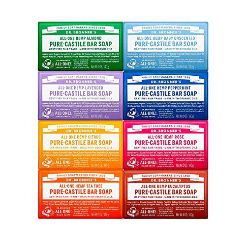 Dr. Bronner’s - Pure-Castile Bar Soap (5 oz Variety Pack) Almond, Unscented, Lavender, Peppermint, Citrus, Rose, Tea Tree, & Eucalyptus - Made with Organic Oils, For Face, Body & Hair, Gentle & Moisturizing | 8 Count