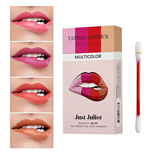 Just Juliet Authentic Tattoo Lipstick Cotton Swab in 4 Colors, Durable Waterproof Liquid Non-Stick Lipstick, Long Lasting Kiss Proof Qtip lip stain