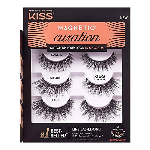 KISS Magnetic Curation False Eyelashes, 3 Pair Magnetic Lashes with 5 Double Strength Magnets, Wind Resistant, Dermatologist Tested, Last Up To 16 Hours, Reusable Up To 15 Times in 3 Styles