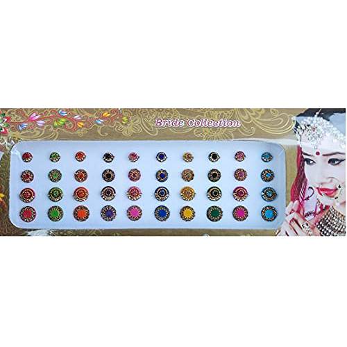 Multicolored Round Crystal Bindi Bridal face Jewels Forehead Tika Indian Bindis for women bindi Indian multicolor round long small gold (Round 40 Bindis - Multicolor)