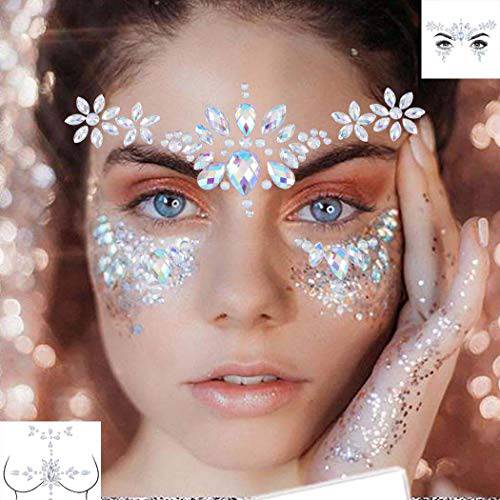Bomine Rhinestone Face Stickers Mermaid Face Gems Jewels Festival Chest Body Jewels Temporary Tattos Crystal for Women and Girls 2 Sets (Pattern 1)