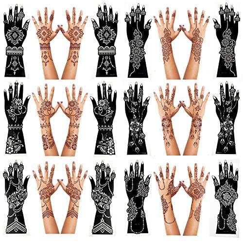 Large Henna Tattoo Stencil Kit ,12 Sheets Henna Tattoo Stickers for Hand Forearm Glitter Airbrush DIY Tattooing Template, Indian Temporary Tattoo Stickers for Women Girls