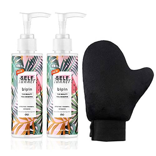Self Tanner Lotion and Tanning Mitt - with Natural & Special Ingredients, New Improved Formula Moisturizing Sunless Tanner Lotion for Natural Looking Fake Tan, Bronze (5.12 FL OZ,Pack 2)