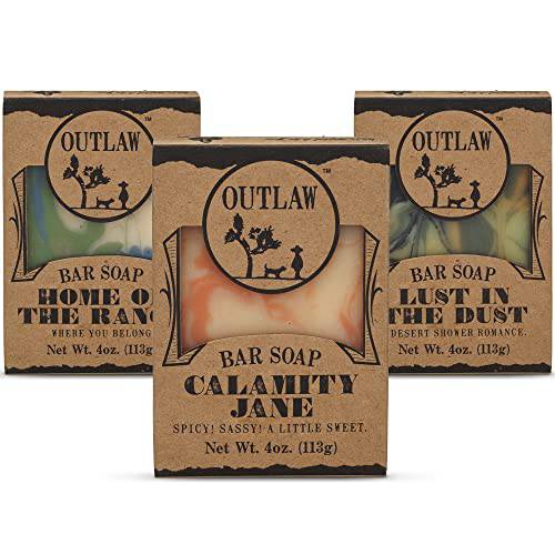 Outlaw Soaps Try 3 Handmade Natural Soaps Gift Set - 3 Handmade Bar Soaps in a Linen Bag - Lust In The Dust, Home On The Range, & Calamity Jane - 3 Count (12 oz. Total)