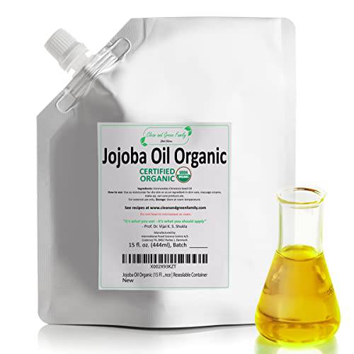Clean and Green Pure Raw Organic Jojoba Oil -100% Natural Unscented Base Ingredient for DIY Skin Care Products, Face Oil, Carrier Oil, Organic Massage Oil, Stretch Marks, Skin Radiance, in Premium Resealable Pouch, 15 oz